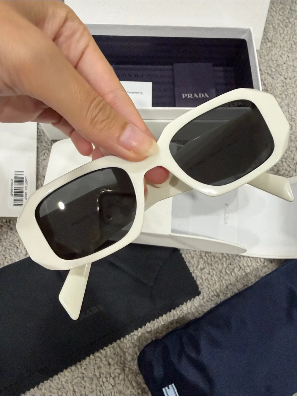 Prada White Rectangular Sunglasses with Dark Lenses 0PR 17WS Talc Smoke Grey